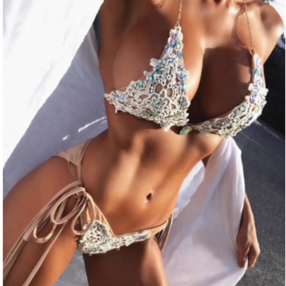 Rhinestone Crystal Lace Nude Bikini Beige Swimsuit